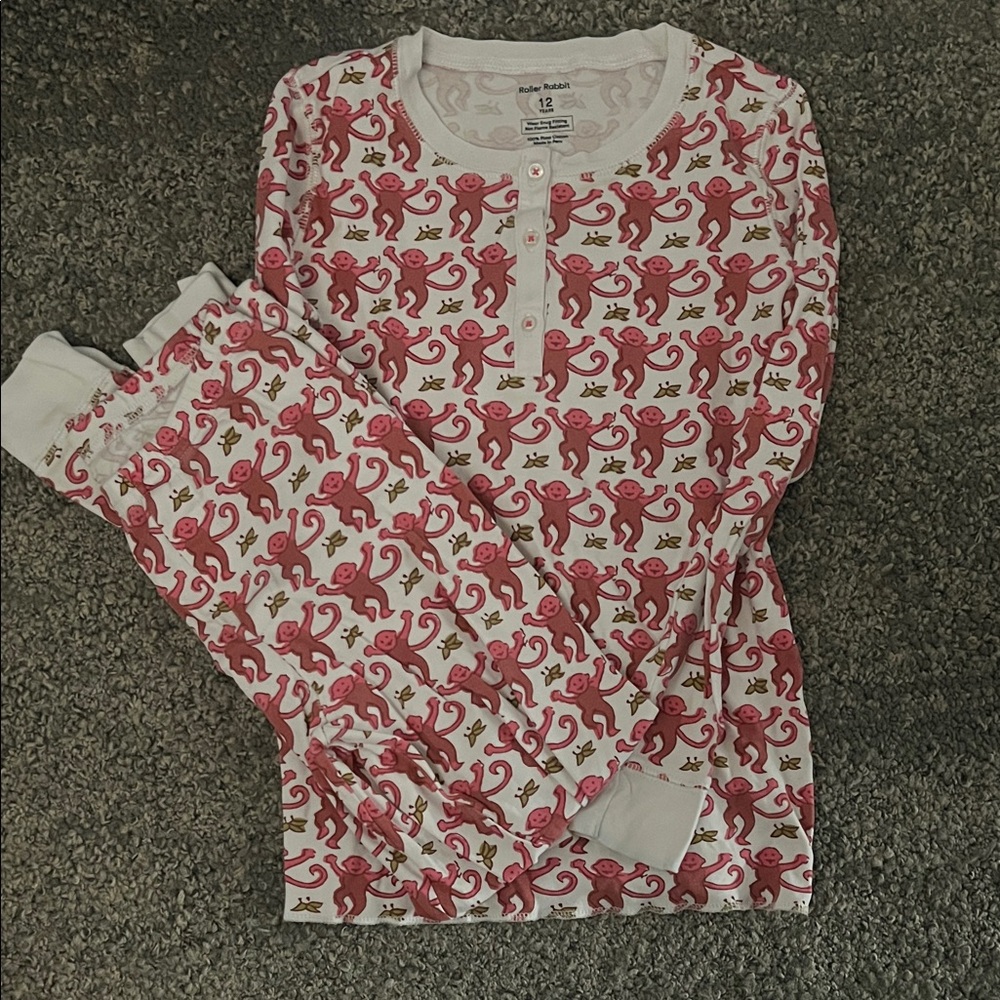 Roller Rabbit Pink and White Monkey Print Pajamas